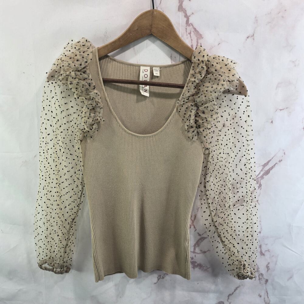 Anthropologie Top Women XXS Nude Lace Crop Ribbed Seamless Dolan Swiss Dot Puff